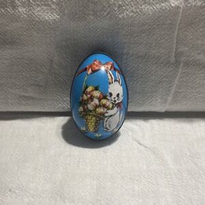 Vintage Murray Allen Tin Lithograph Easter Egg Blue Candy Container Bunny Basket